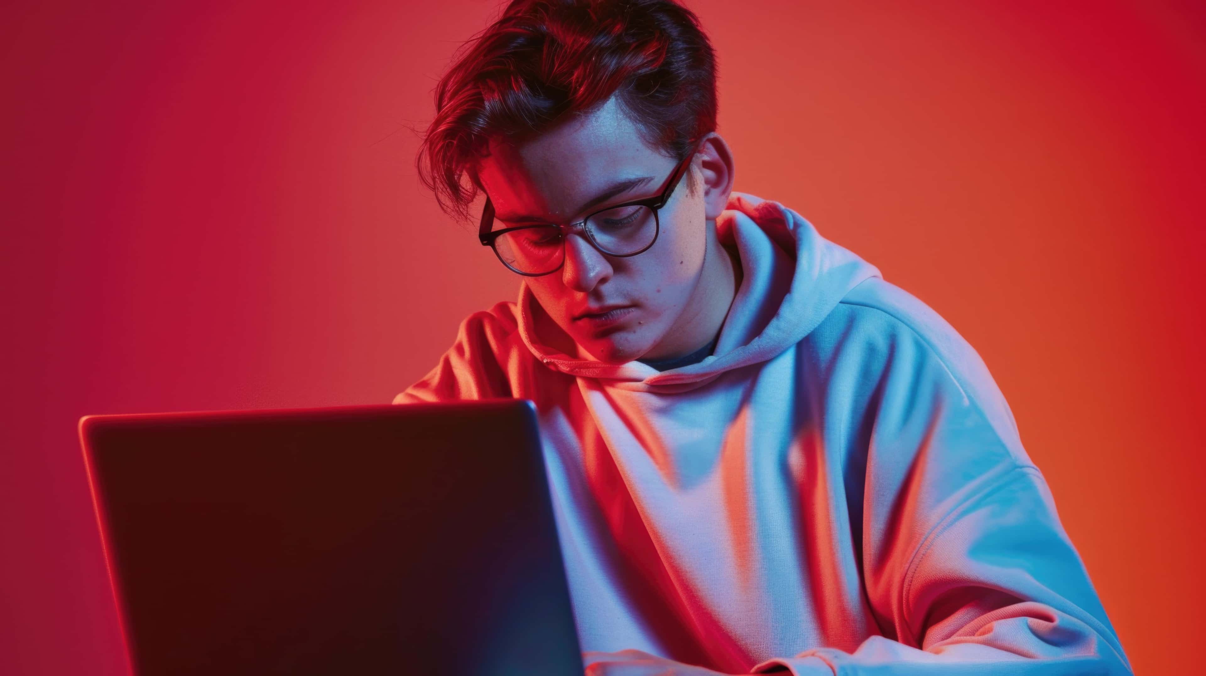 Student technikum programistycznego online skupiony na nauce przy laptopie