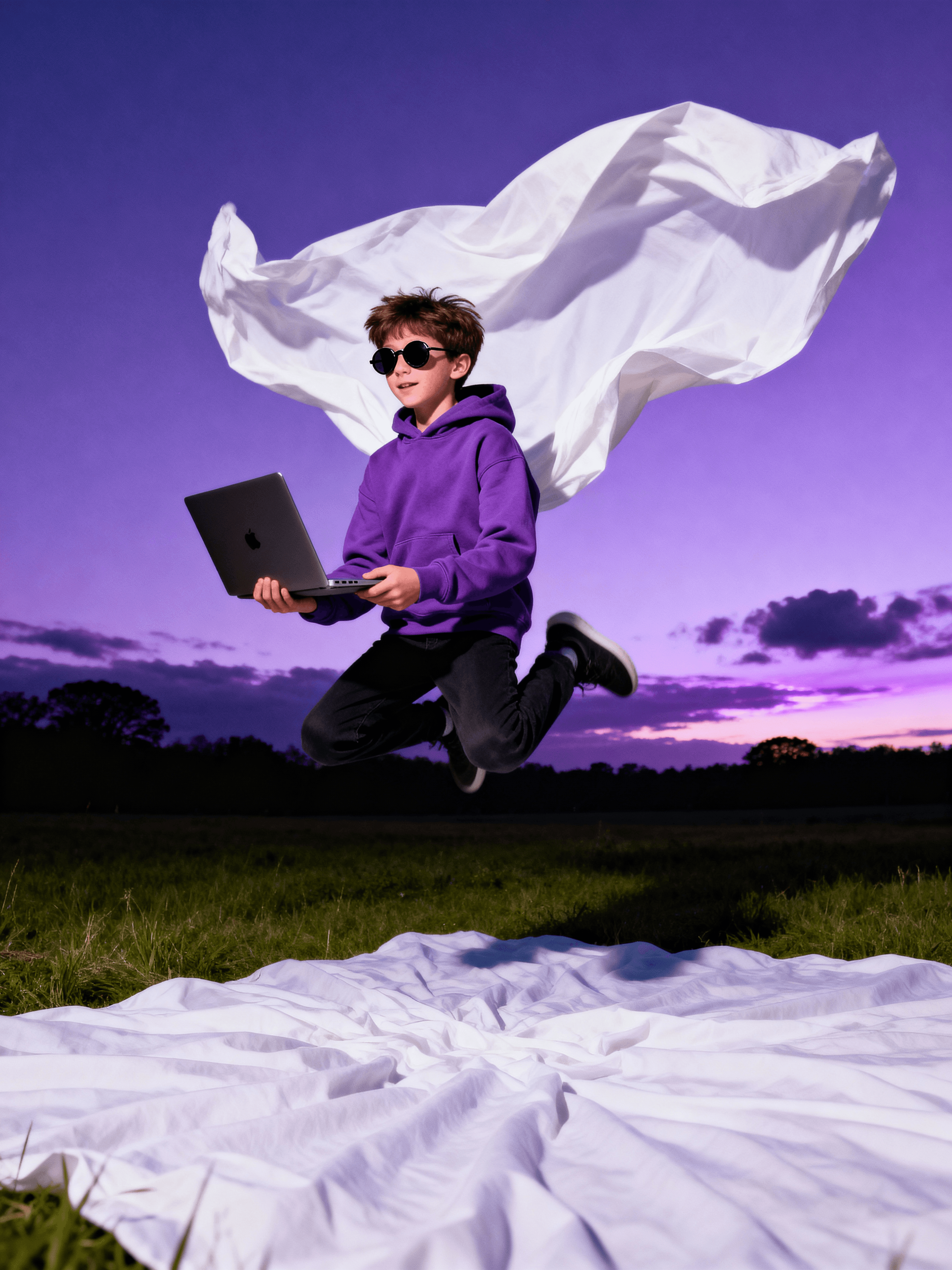 Uczeń z laptopem skacze z radości – wolność nauki zdalnej