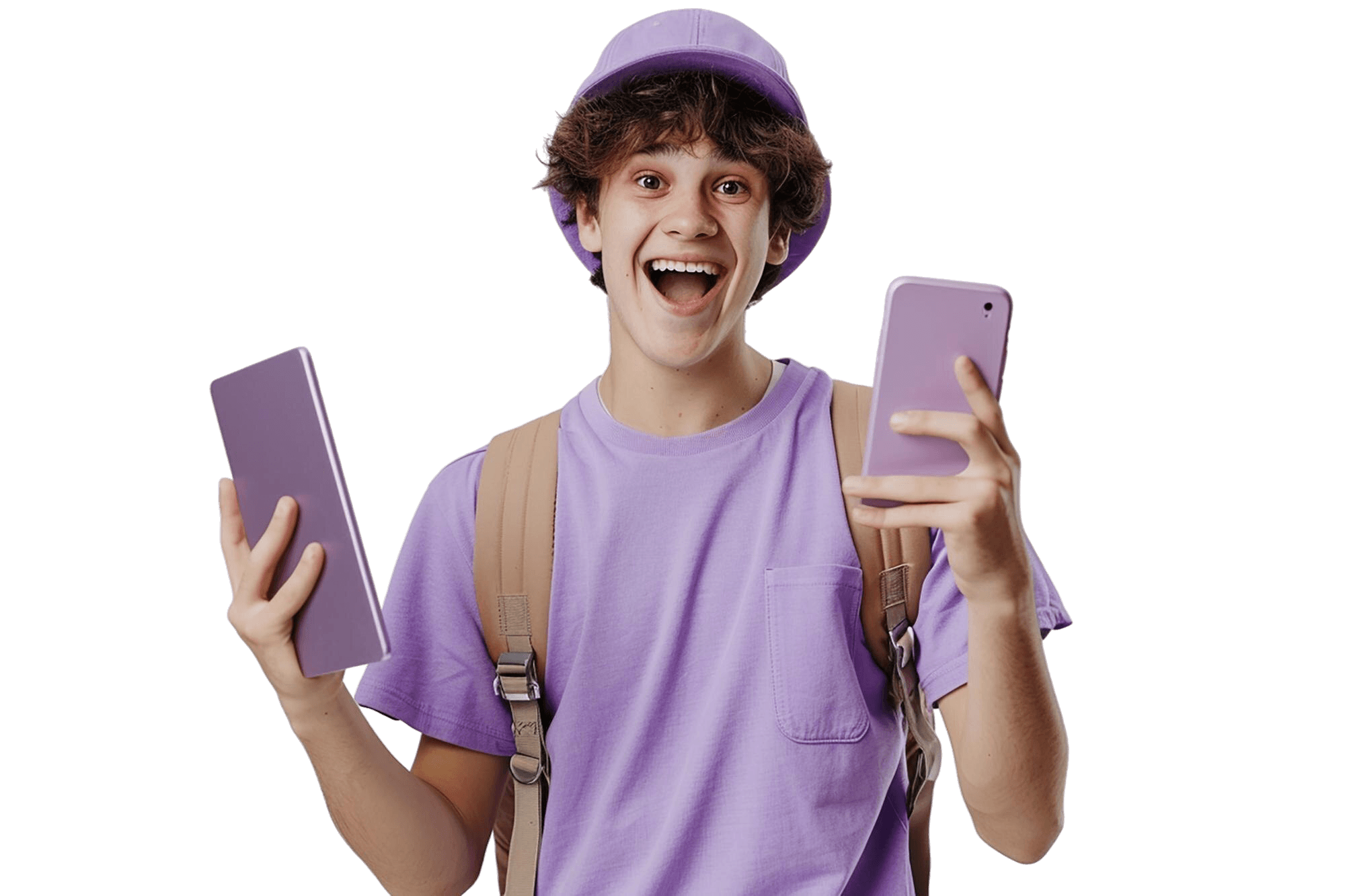 Zadowolony uczeń szkoły online z tabletem i smartfonem